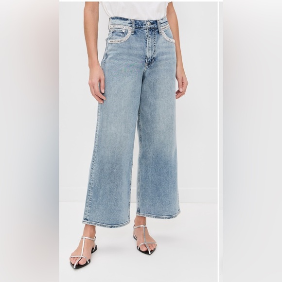 Rag & Bone Andi Embellished Ankle-Length Wide-Leg Jeans in Pacific With Jewel - Picture 8 of 16